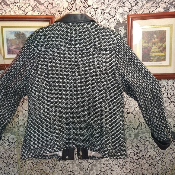 Bradley Bayou black and white wool coat leather trim zipper unique piece NWOT - Picture 4 of 6